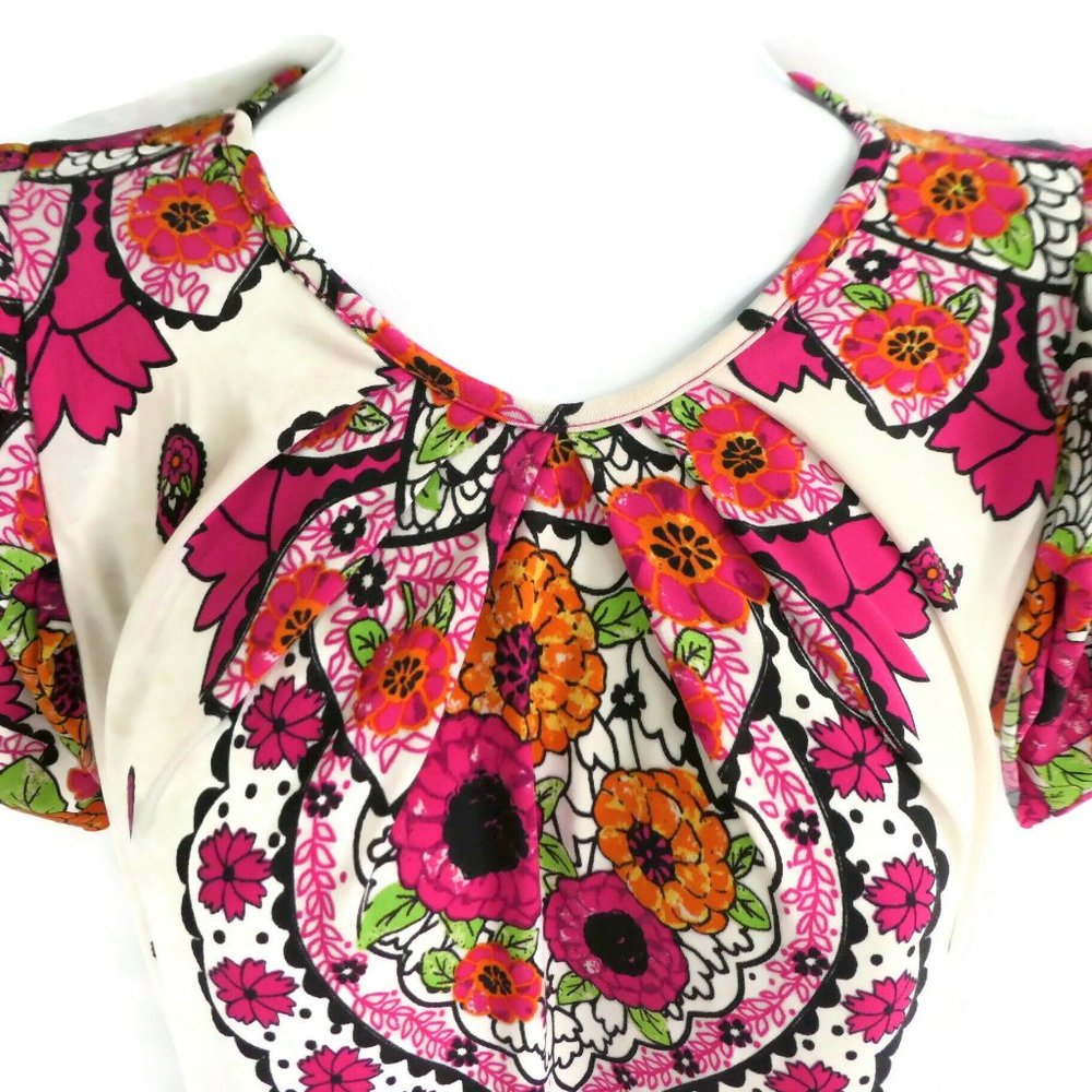 Vintage Rampage Dress Marrakesh Pleated Neck Draped Back Cutout Floral Vibrant M - Picture 4 of 12